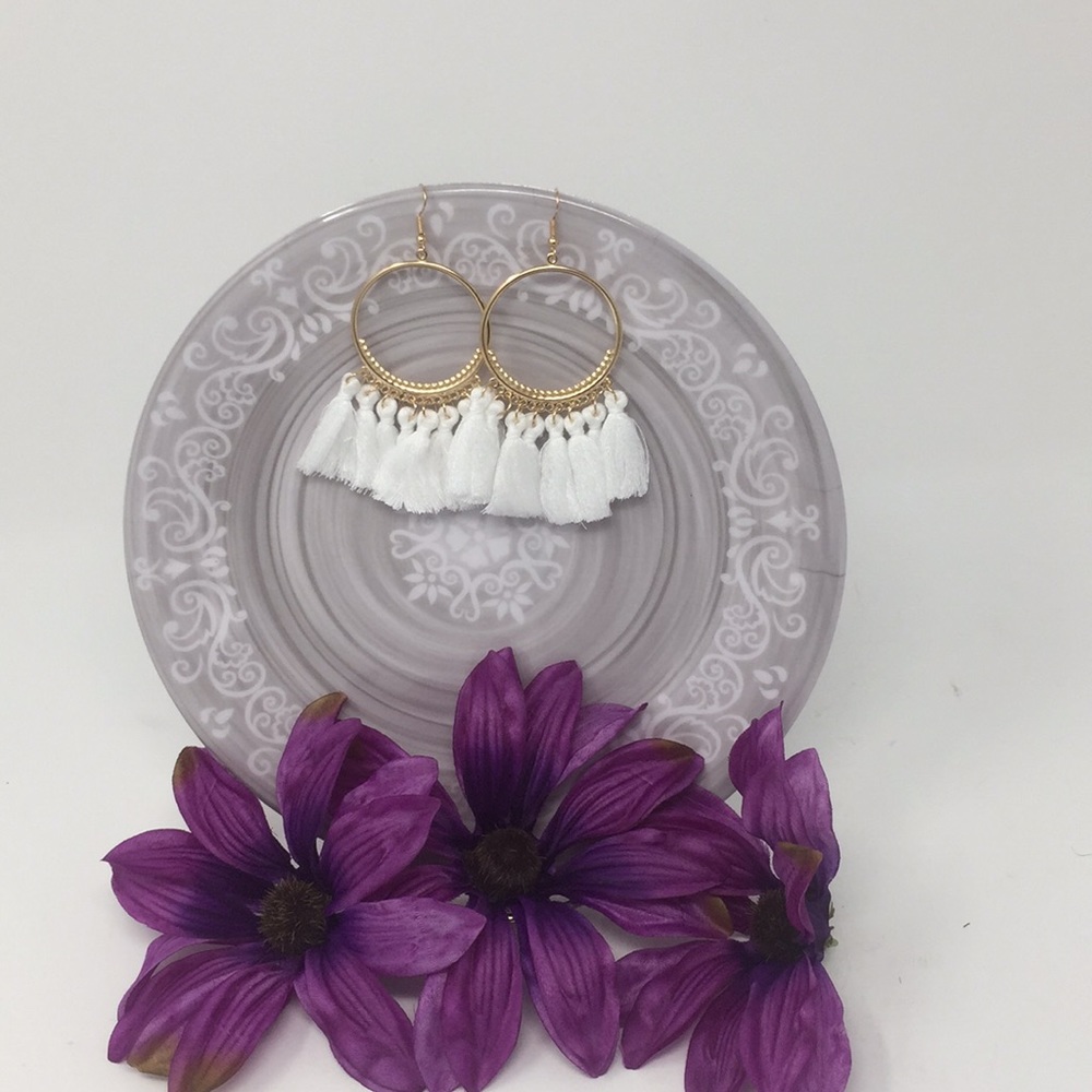 Boho White Tasseled Gold Hoop Earrings - Picture 2 of 3